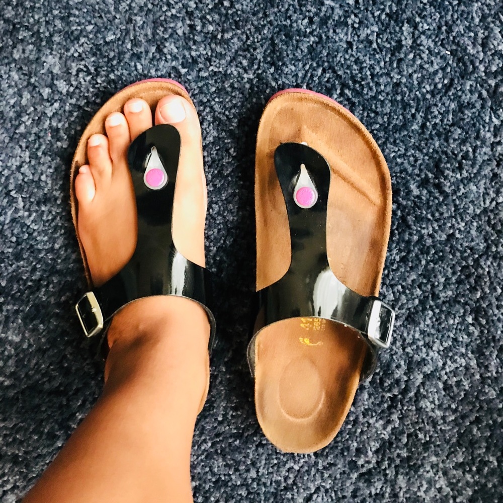 Birkenstock Gizeh Sandals 41 Blk Patent Pink Sole
